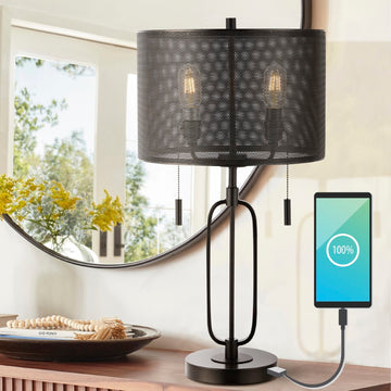 Hank 27" Industrial Farmhouse Iron LED Table Lamp with USB Charging Port - JONATHAN Y